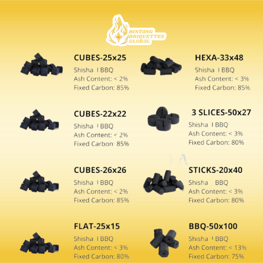 Custom size coconut charcoal briquettes by Bintang Briquettes for shisha and BBQ use