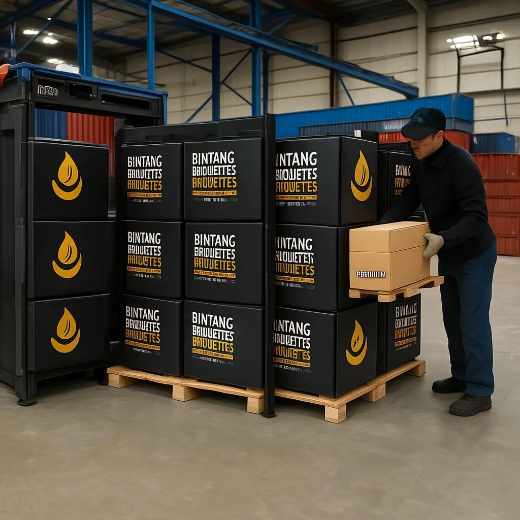 Bintang Briquettes coconut charcoal packaging stacked on wooden pallets in a clean warehouse