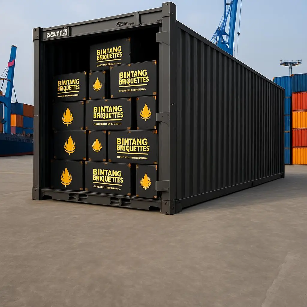 Container loaded with Bintang Briquettes coconut charcoal ready for export from Indonesia