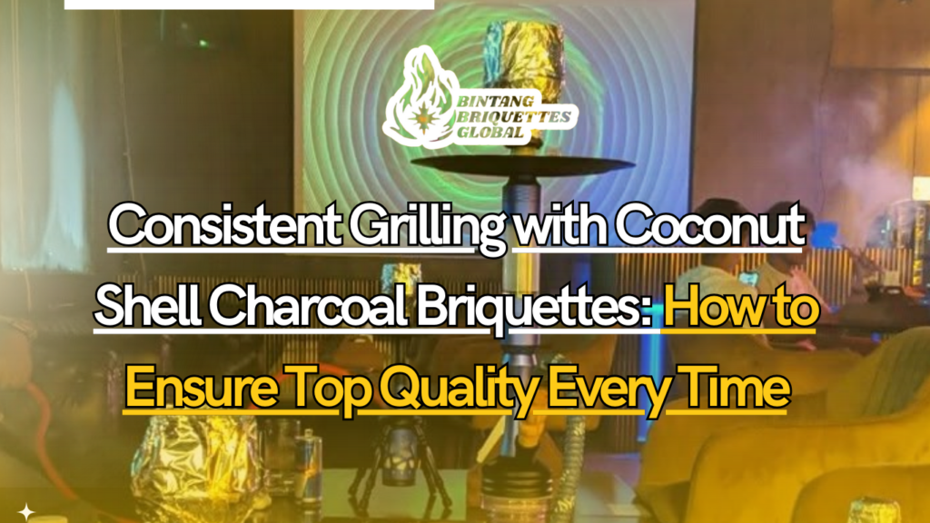 Close-up of glowing coconut shell charcoal briquettes on a grill for consistent grilling