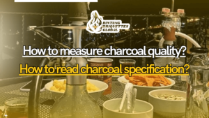 Close-up image of a person measuring coconut shell charcoal briquettes quality using a moisture meter and caliper.