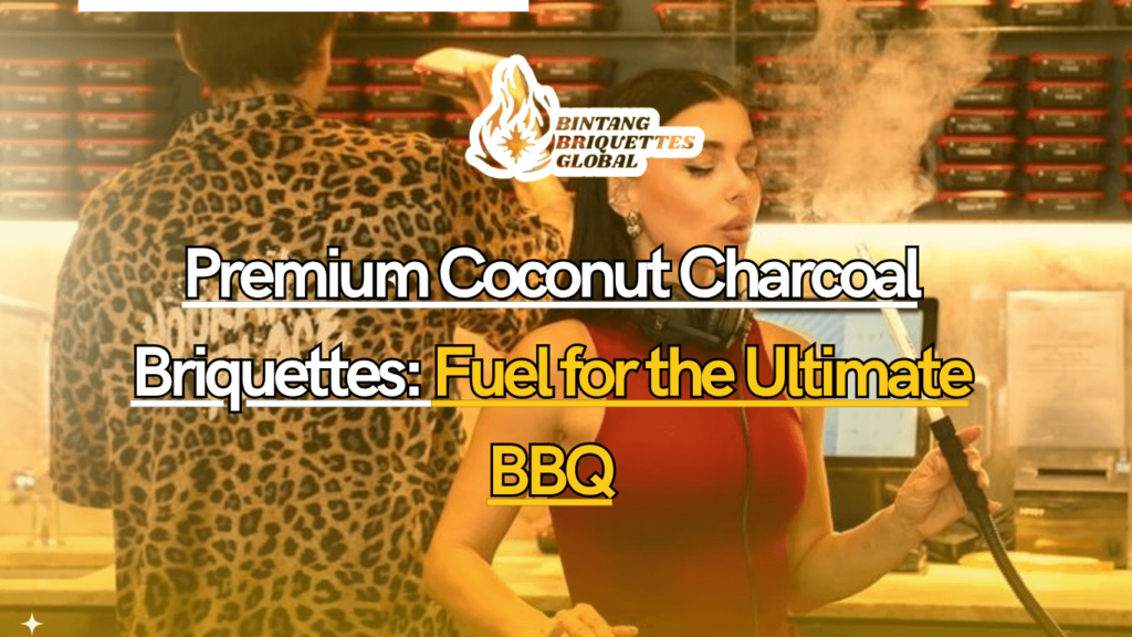 Pyramid of glowing coconut charcoal briquettes labeled “Coconut Charcoal Briquettes” ready for grilling