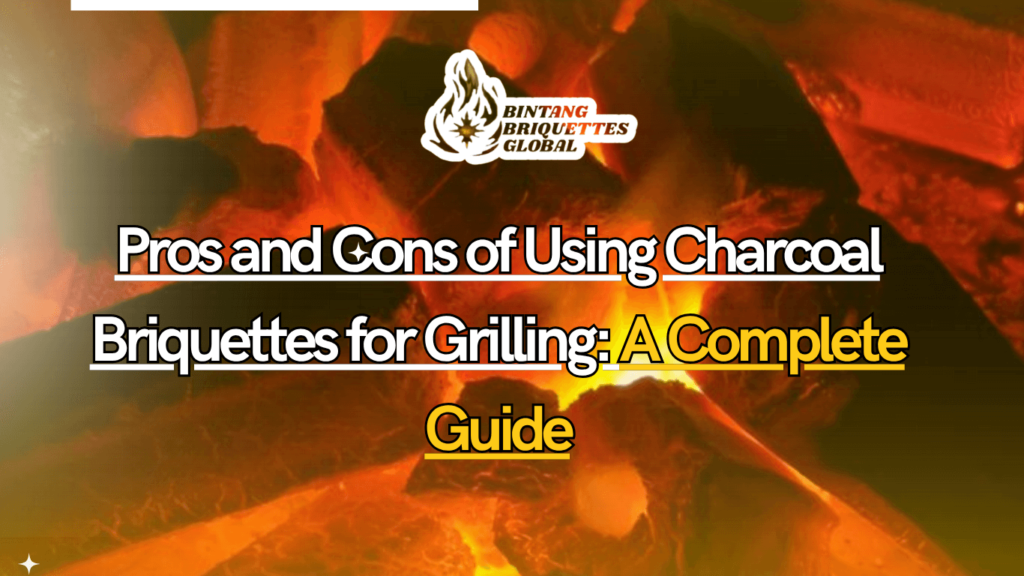 Charcoal briquettes burning brightly on a grill with sizzling meat, illustrating the pros and cons of using charcoal briquettes for grilling.