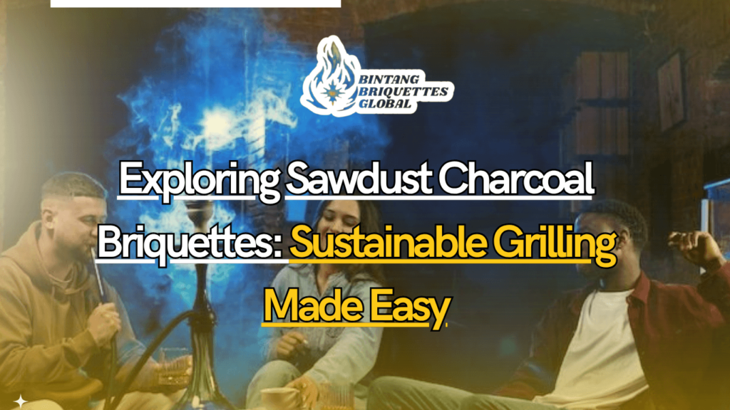 Close-up of sawdust charcoal briquettes burning on a metal grill