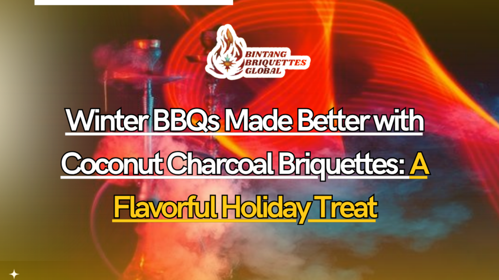 A winter BBQ with coconut charcoal briquettes, surrounded by family and friends enjoying a flavorful smoky meal.