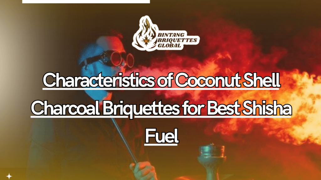 Infographic showing key characteristics of coconut shell charcoal briquettes for the best shisha fuel including high heat output, long-lasting burn, low ash, and eco-friendly features.
