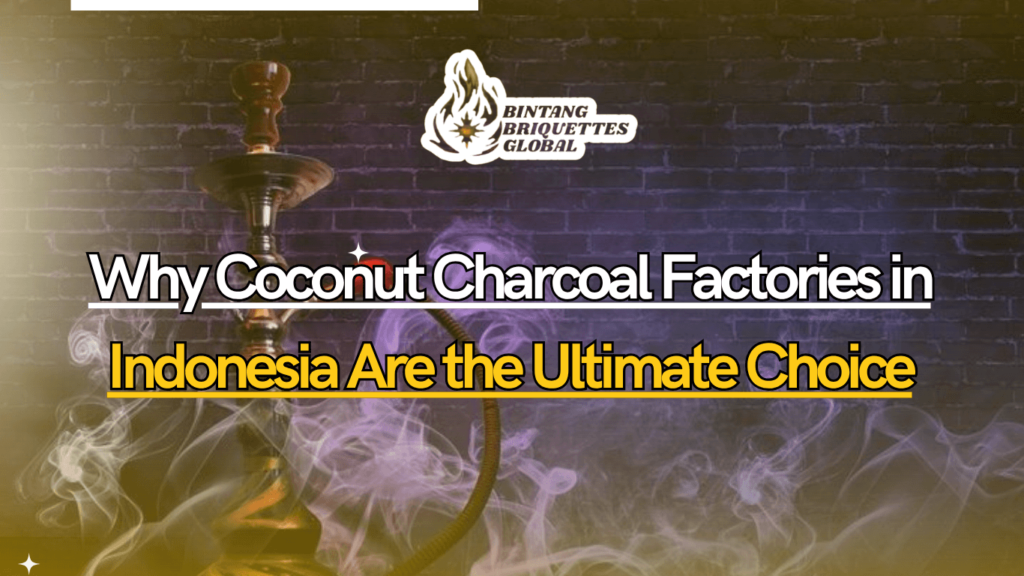 Indonesian coconut charcoal briquettes stacked in a warehouse, showing sustainable and high-quality charcoal production.