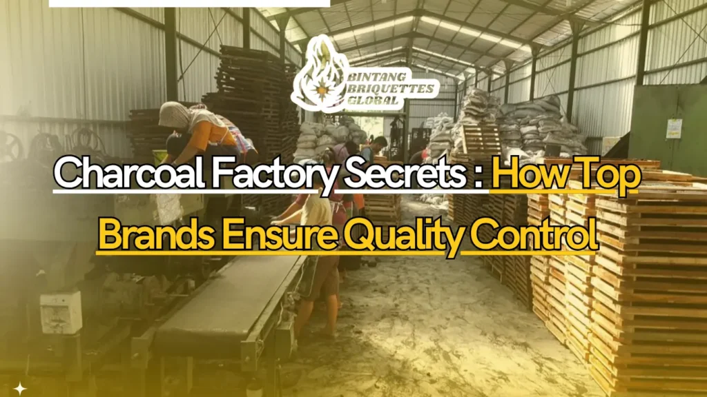 workers inspecting charcoal briquettes at Indonesian factory
