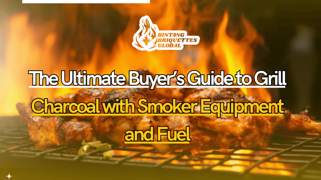 BBQ tools and accessories next to charcoal smoker and grill setup