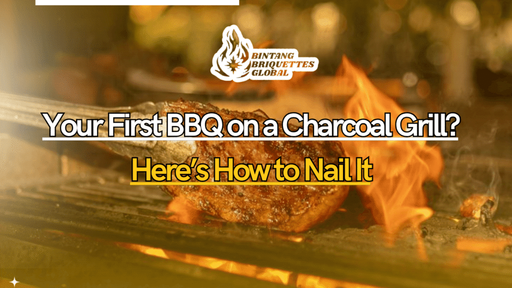 Beginner lighting charcoal briquettes on a backyard grill for the first BBQ