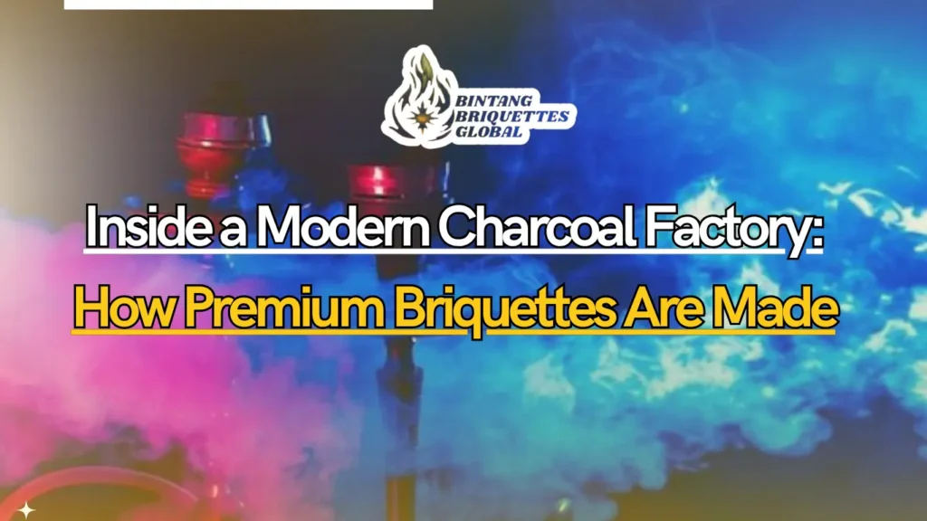 Outside view of a modern coconut charcoal briquette factory in Indonesia