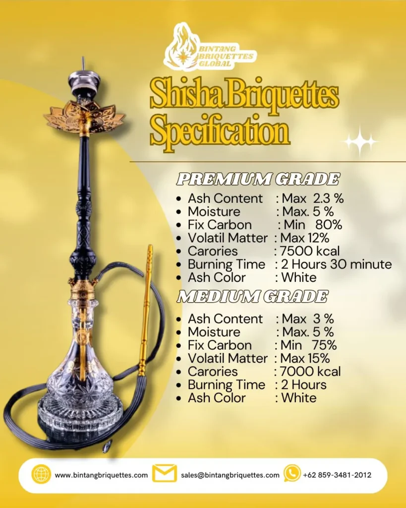 Detailed specification of premium shisha charcoal briquettes made from coconut shell