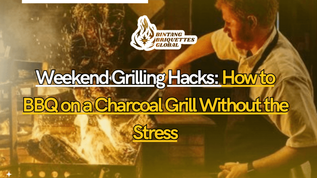 Backyard charcoal grill setup with tongs, chimney starter, and fresh ingredients, showcasing weekend grilling hacks.