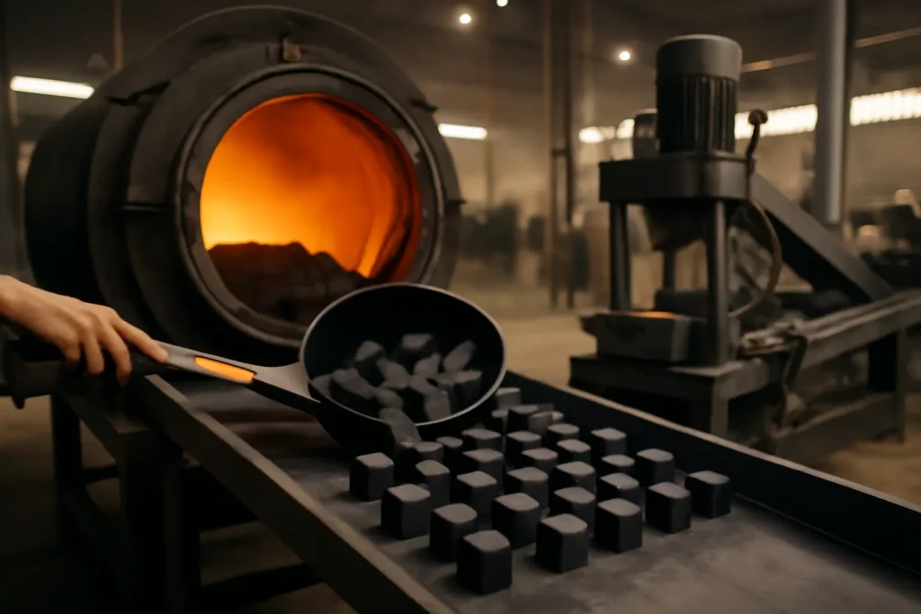 Close-up image showing clean edges, silver-white ash results, and perfect density from Bintang Briquettes charcoal cubes.