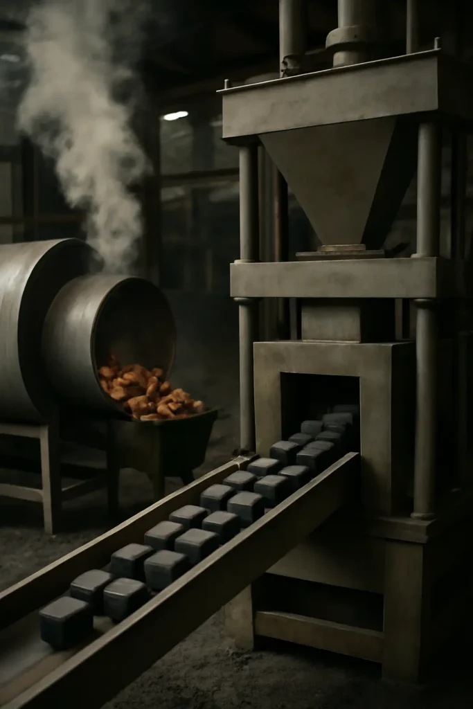 Premium factories monitor carbonization curves, pressing pressure, and moisture levels to ensure consistent burn and heat.