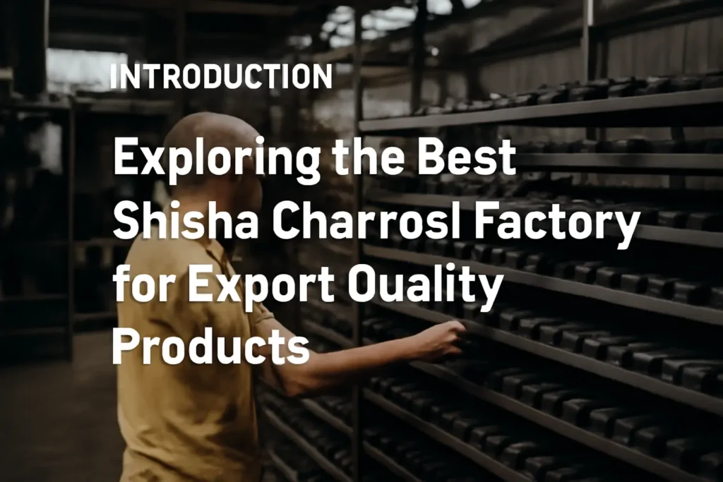 A worker inspecting drying shisha charcoal briquettes in a factory, showcasing the process of high-quality charcoal production for export.