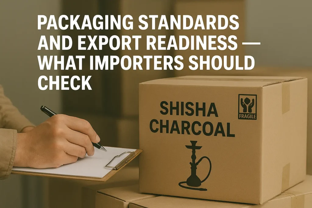 Stacks of export-ready cartons and pallets of coconut charcoal briquettes, carefully labeled and sealed for international shipment.