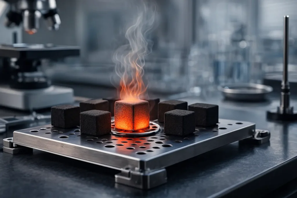 This image visualizes the heat stability curve demonstrating how premium shisha charcoal briquettes rise slowly in temperature and maintain consistent heat throughout the session.