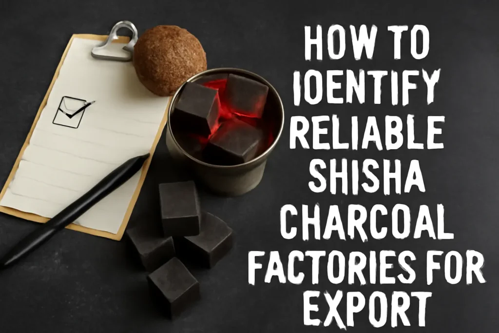 A clipboard with checkmarks, glowing shisha charcoal cubes, and a coconut shell, visually highlighting the essential steps to evaluate trustworthy charcoal factories for export.