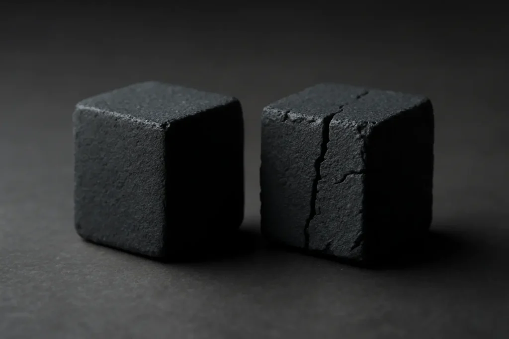 A graphic showing the shift from traditional charcoal to modern Coconut Shell Shisha Charcoal, emphasizing purity, long burn, and performance improvements by Bintang Briquettes.