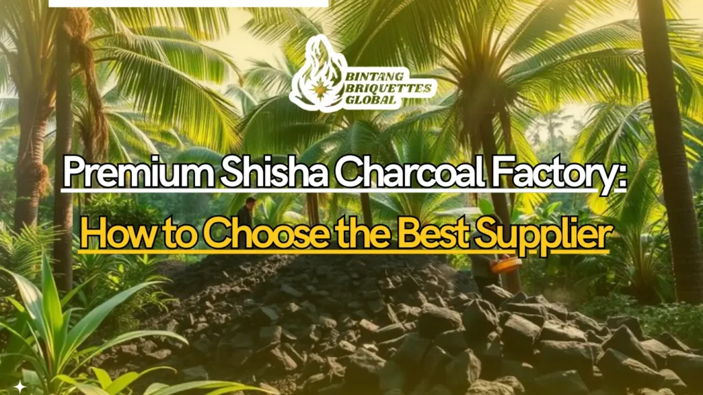 A clean and modern shisha charcoal factory interior with neat coconut shells, a carbonization kiln, and a premium production environment.