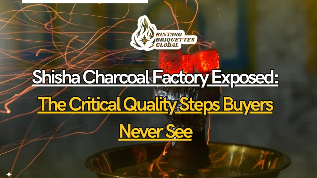 Workers inspecting coconut shells inside a shisha charcoal factory before production begins