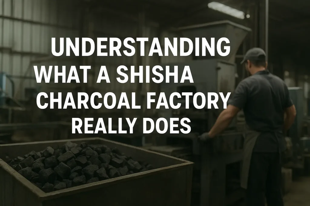 An overview of the main production areas in a shisha charcoal factory, where coconut shells are transformed into high-quality charcoal briquettes.