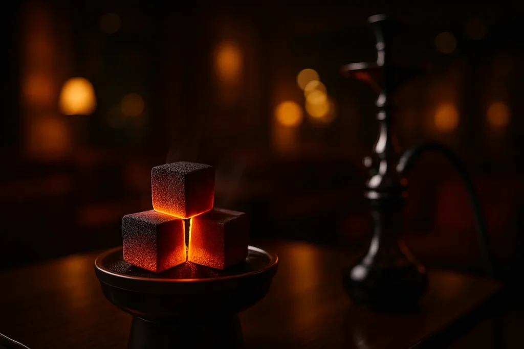 This image shows a clean arrangement of premium coconut shell charcoal briquettes used for shisha, representing purity, consistency, and long-lasting burn performance.