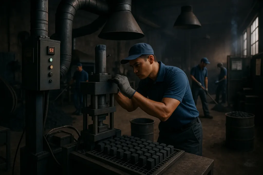 This image shows how professional factories maintain production standards. Proper kiln monitoring, dust control, molding precision, worker training, and documentation are essential behaviors that uphold shisha charcoal factory quality standards.