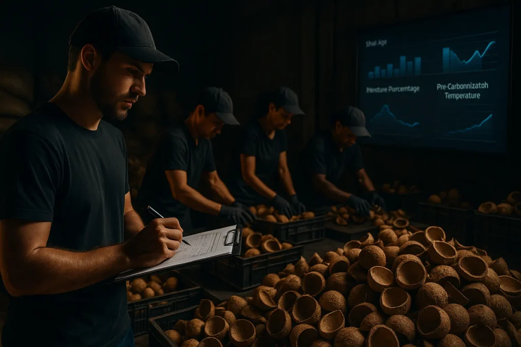 This image demonstrates how raw material integrity impacts shisha charcoal factory quality standards. By carefully selecting, cleaning, drying, and storing coconut shells, high-standard factories ensure consistent density, hardness, and burning performance in every batch.