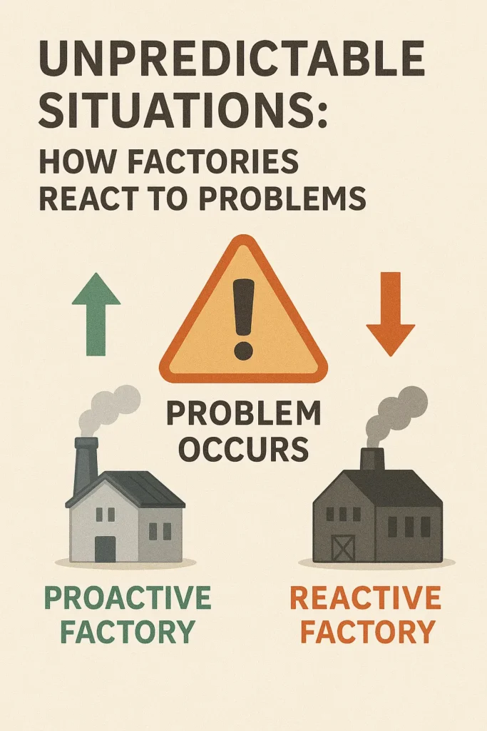 Scene showing a factory team handling unexpected issues like machinery breakdowns or wet shells, highlighting proactive problem-solving.