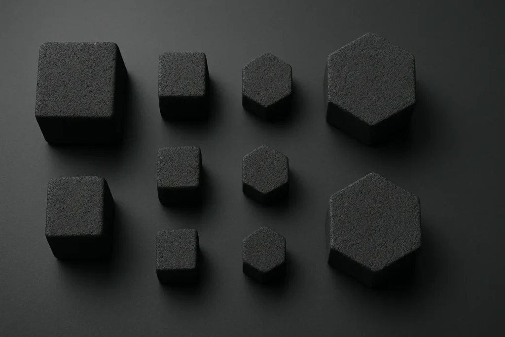 This image showcases multiple briquette shapes—cube, hexagonal, and flat—to highlight how design influences airflow, burn symmetry, and user experience.