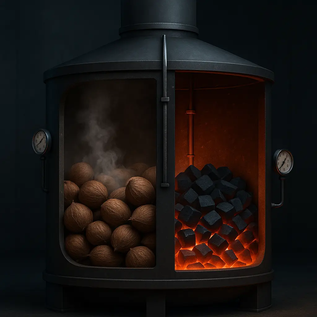 This image highlights the carbonization process where coconut shells are slowly burned in low-oxygen kilns to create stable charcoal with minimal smoke and impurities. A critical quality step explained in the “Shisha Charcoal Factory Exposed” article.