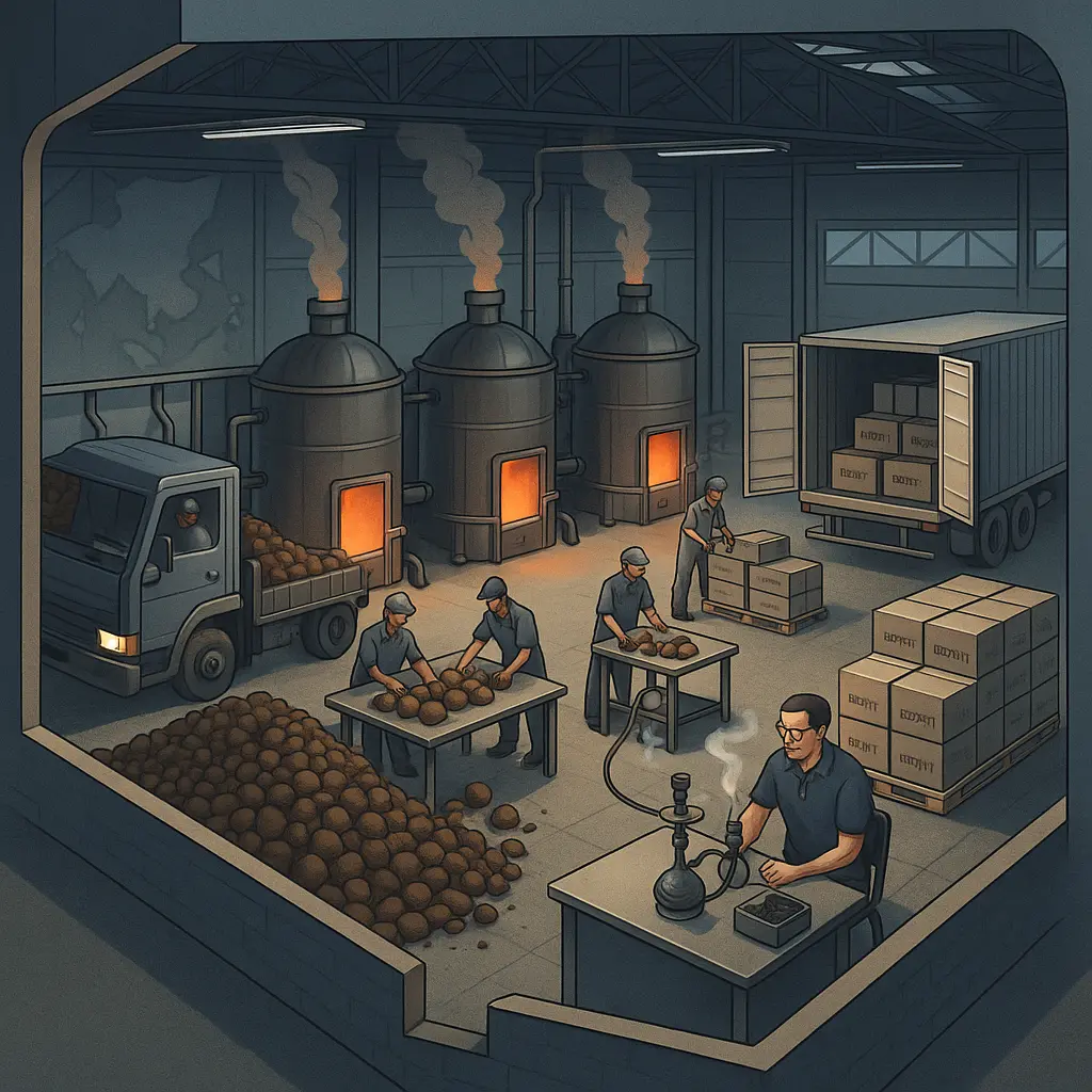 This image shows the authentic environment inside a shisha charcoal factory, highlighting the early stages of production. Coconut shells, sorting areas, workers, and machinery illustrate how the manufacturing process starts before the briquettes are shaped. It supports the article “Shisha Charcoal Factory Exposed: The Critical Quality Steps Buyers Never See” by giving readers a real visual of what happens behind the scenes.