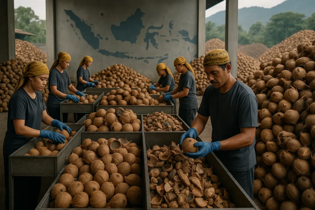 This image shows the initial raw material process inside a premium shisha charcoal factory, where mature coconut shells are hand-sorted to ensure high carbon content, low moisture, and consistent burn quality. Part of the “Shisha Charcoal Factory Exposed” series.