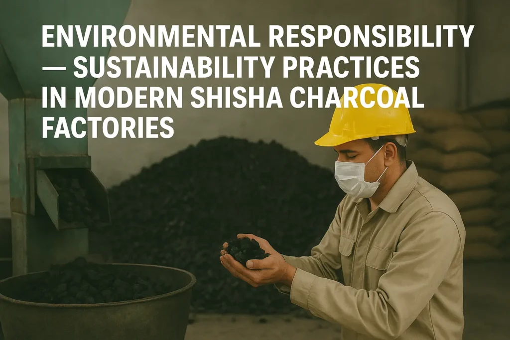 A modern factory surrounded by greenery, symbolizing sustainable production with eco-friendly waste management and renewable sourcing.