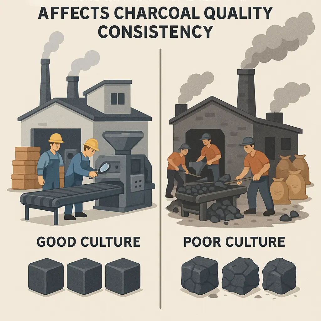 Visual depicting skilled operators working carefully in a charcoal factory, emphasizing discipline, detail-oriented processes, and a culture of quality.