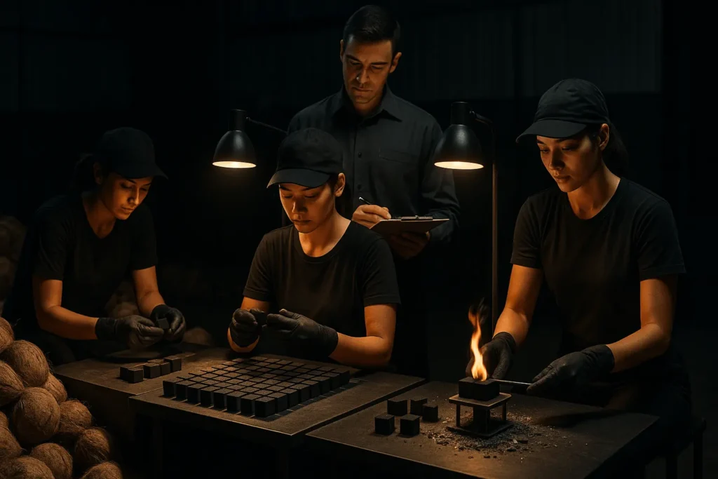 This image illustrates the triple quality check system of high-standard shisha charcoal factories. It includes pre-carbonization inspection, precise briquette molding, and final export-level performance testing, guaranteeing consistent, low-ash, and high-performing charcoal for importers.