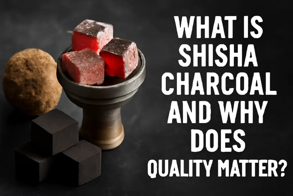 Close-up of glowing shisha charcoal cubes placed on a hookah bowl, with a question about the significance of charcoal quality for a better smoking experience.