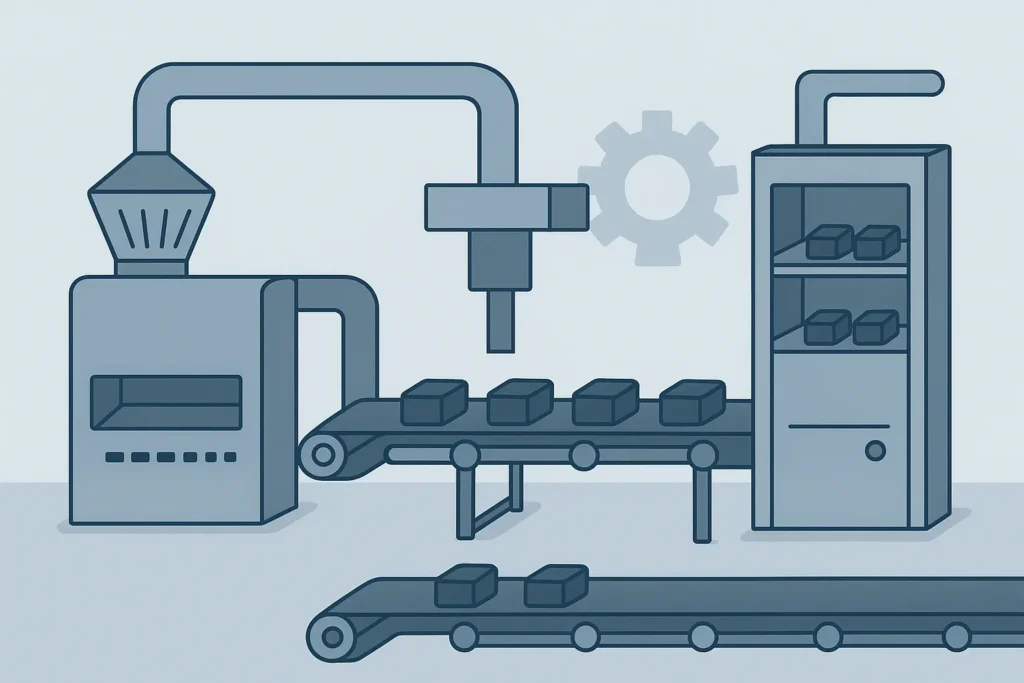 Image showcasing modern manufacturing, including raw material filtration, precision shaping, and controlled carbonization processes.