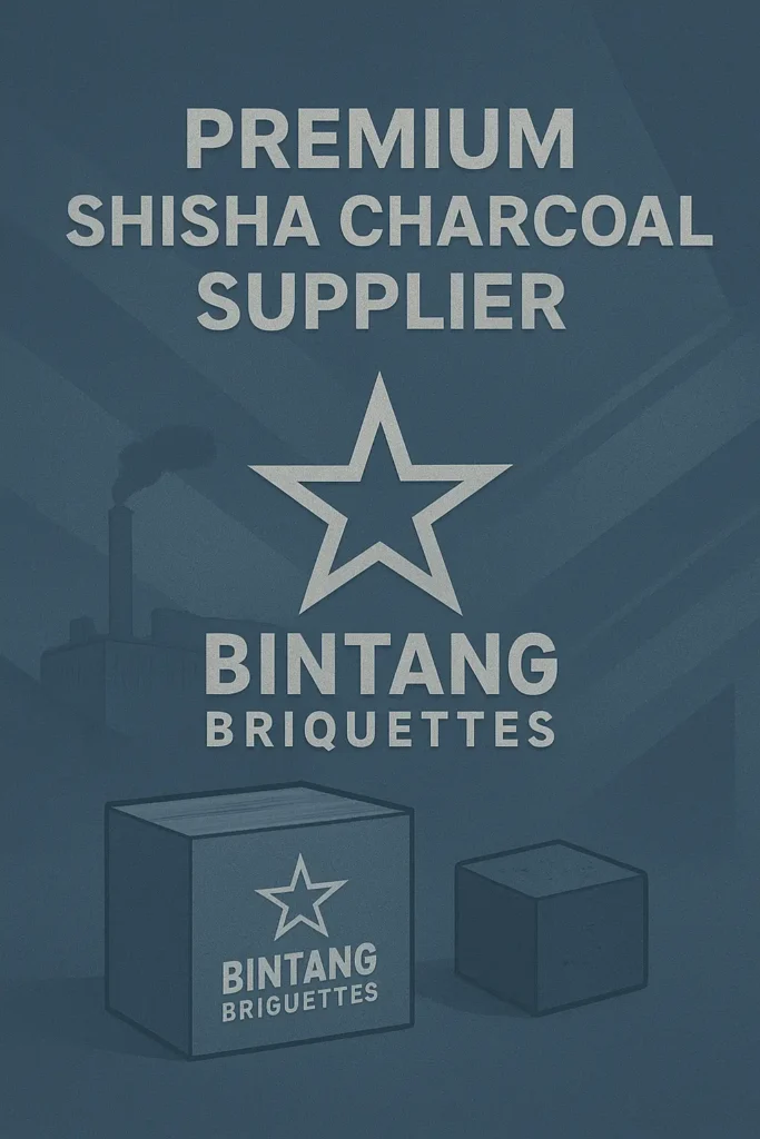 A modern industrial branding illustration featuring Bintang Briquettes as a premium shisha charcoal supplier. Includes charcoal cubes, clean geometric design, and a futuristic blue-gray industrial background symbolizing reliability, stability, and global export readiness.