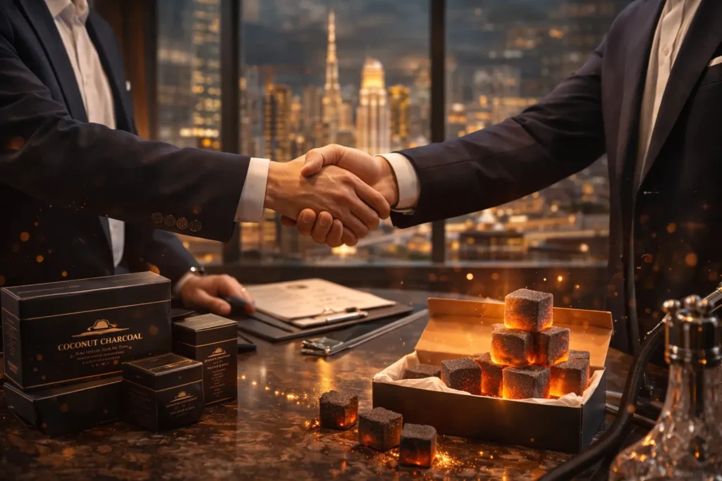 This captivating image captures the moment of collaboration between a shisha charcoal supplier and a potential business partner, symbolizing a strong partnership built on trust and mutual growth. Set against the elegant backdrop of a high-rise office with glowing coconut charcoal in the foreground, the image highlights the importance of quality, reliability, and long-term business relationships in the premium shisha industry. The warm, refined ambiance reflects the seamless integration of luxury and professionalism in this strategic partnership.