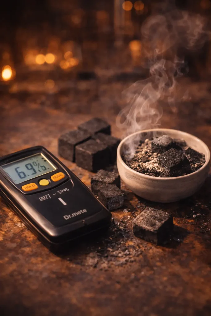 Natural coconut shell charcoal in focus, highlighting sustainability, high carbon density, and clean combustion that define the benchmark of shisha charcoal Dubai.