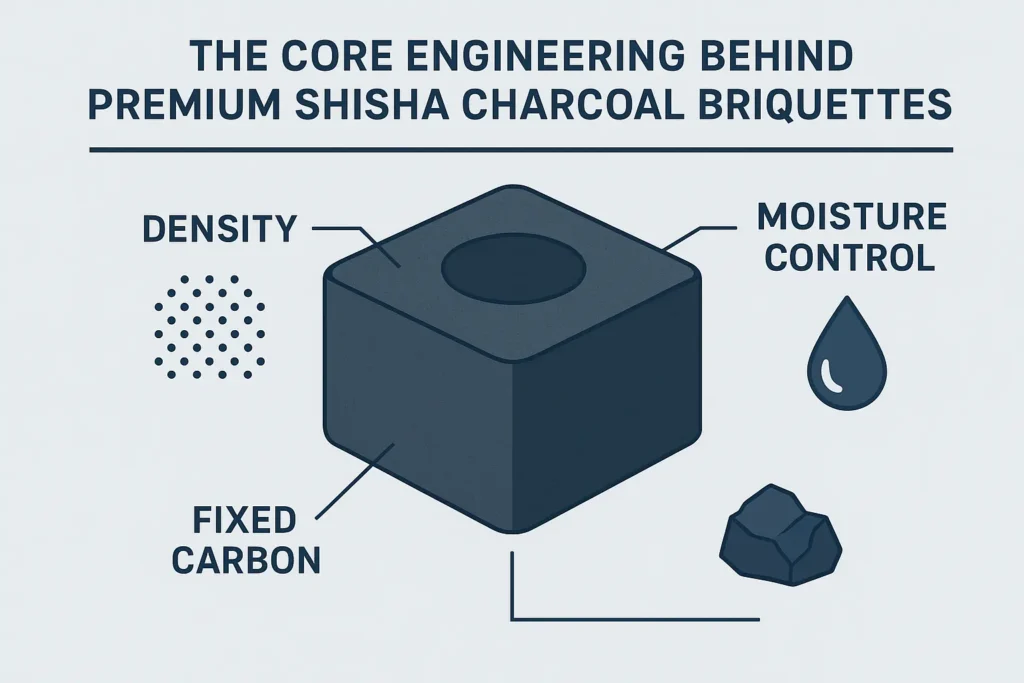Visual explanation of key engineering factors—density, moisture, fixed carbon—that define high-quality shisha charcoal briquettes.
