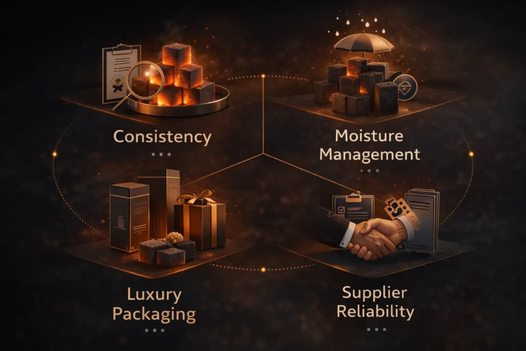 A modern infographic that highlights the four main criteria premium buyers use to evaluate shisha charcoal: consistency, moisture management, luxury packaging, and supplier reliability. This sleek digital illustration uses glowing icons and vibrant accents to convey the high standards expected in Dubai's premium shisha market.