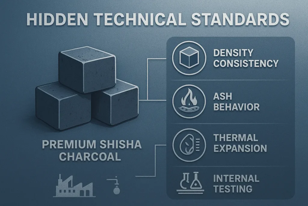 A technical infographic-style illustration presenting the hidden quality standards behind premium shisha charcoal. Elements include density control, ash performance, thermal expansion, moisture stability, and lab-grade testing tools. Designed in an industrial modern style with metallic silver-blue visuals.