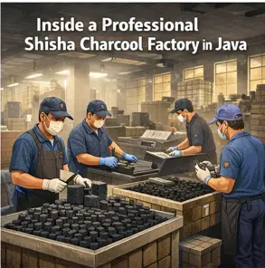A look inside a modern shisha charcoal factory in Java, highlighting controlled production stages, quality monitoring, and precision manufacturing for premium coconut briquettes.