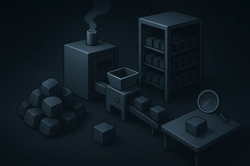 A detailed visual representation of the behind-the-scenes processes—carbonization, drying systems, hydraulic compression, and QC—that define a world-class shisha charcoal supplier like Bintang Briquettes.
