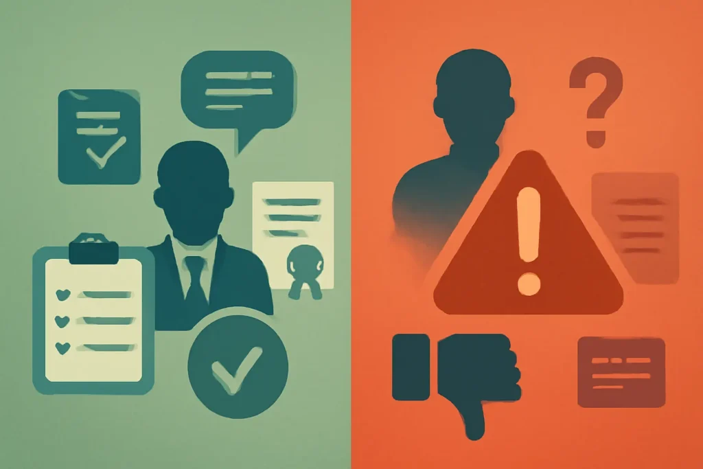 A clean and professional visual showing integrity-based evaluation points such as transparency, QC consistency, and supplier communication standards.