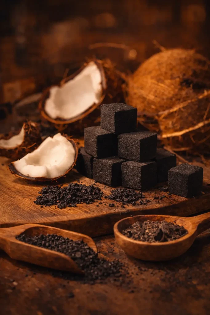 Close-up view of glowing coconut shisha charcoal with stable heat and minimal ash, illustrating the essential performance standards expected from premium shisha charcoal Dubai.